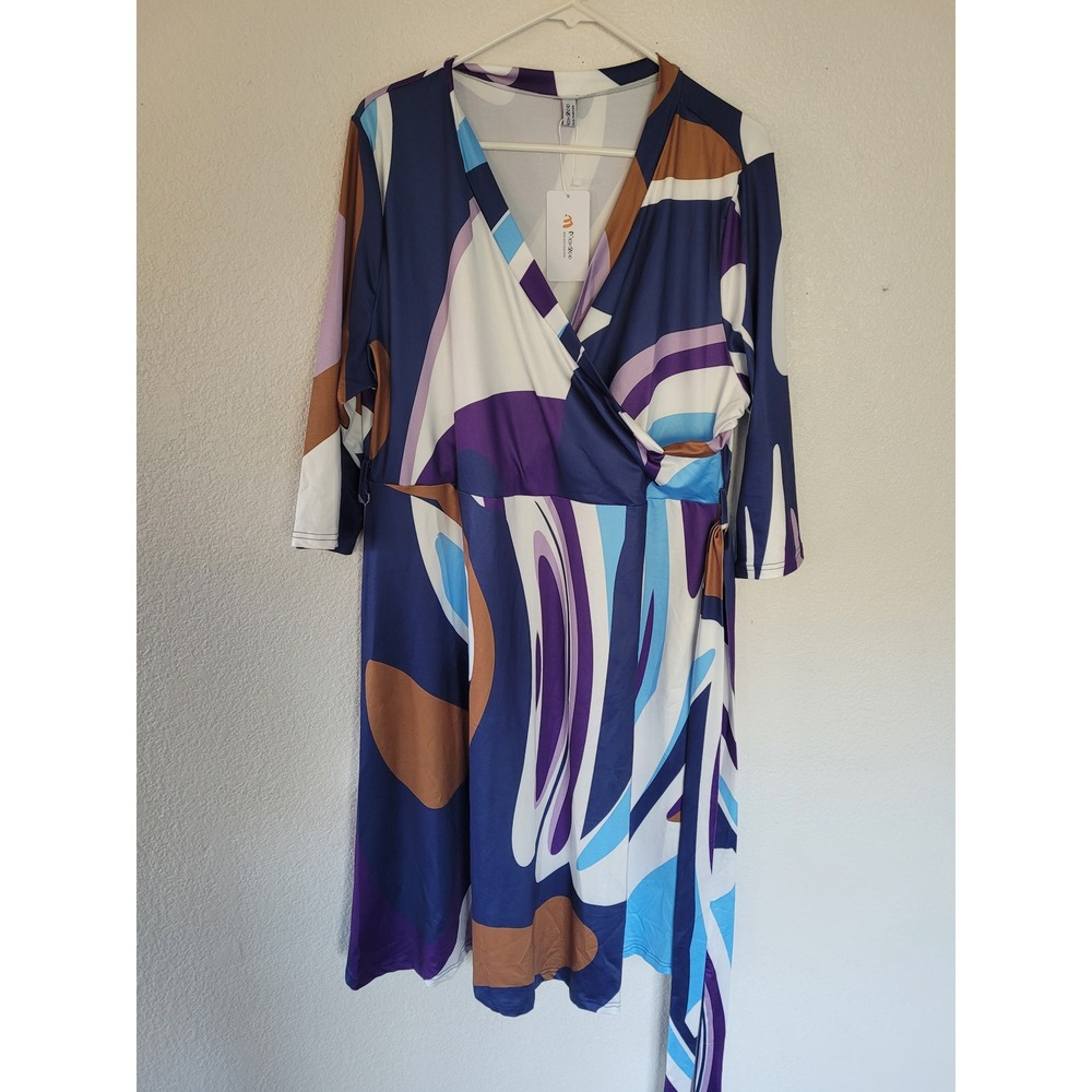 Amazon Womens 2XL‎ Abstract Print 3/4 Sleeve Wrap Dress Blue Purple Brown #9